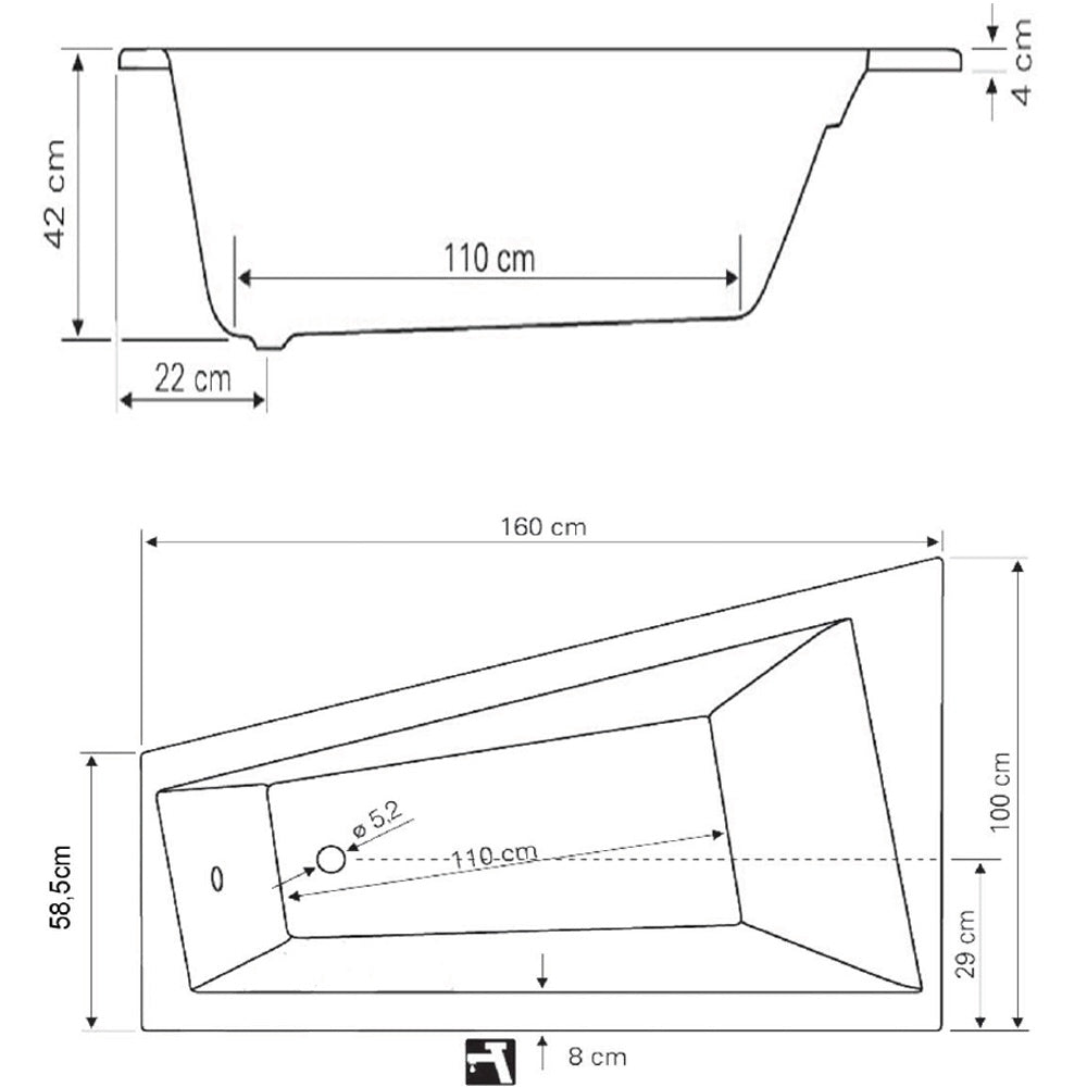 Raumspar Badewanne 160x100x42cm, ohne Füße, links, weiß