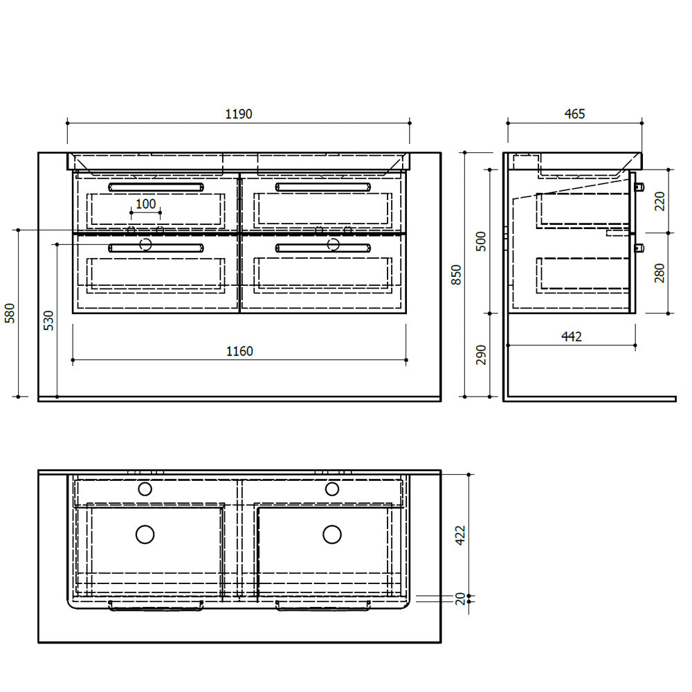 THEIA Doppelunterschrank 116x50x44,2cm, 4xSchublade, Silbereiche