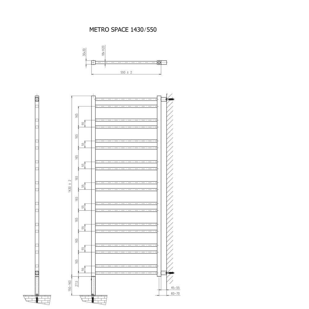 METRO SPACE Raumteiler-Badheizkörper 550x1430 mm,500W, schwarz matt