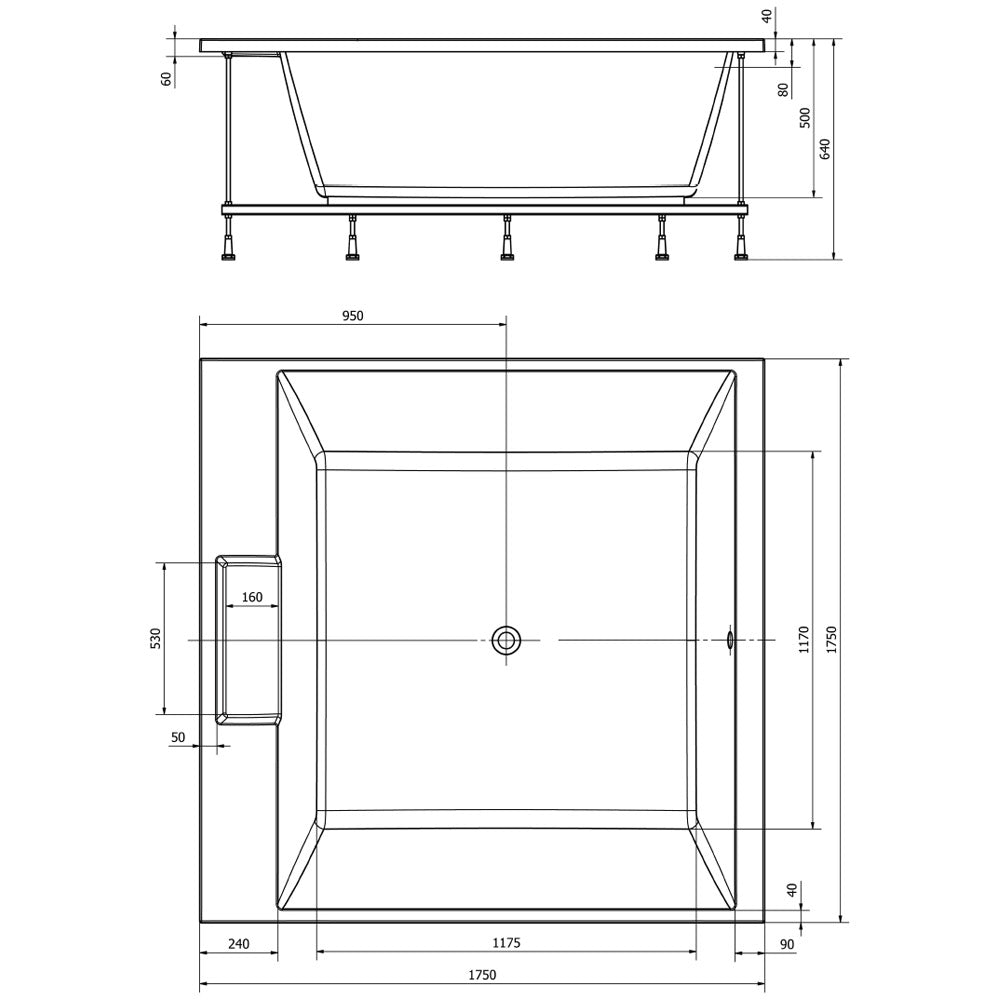 CAME Quadrat-Badewanne mit Rahmengestell 175x175x50cm, weiß