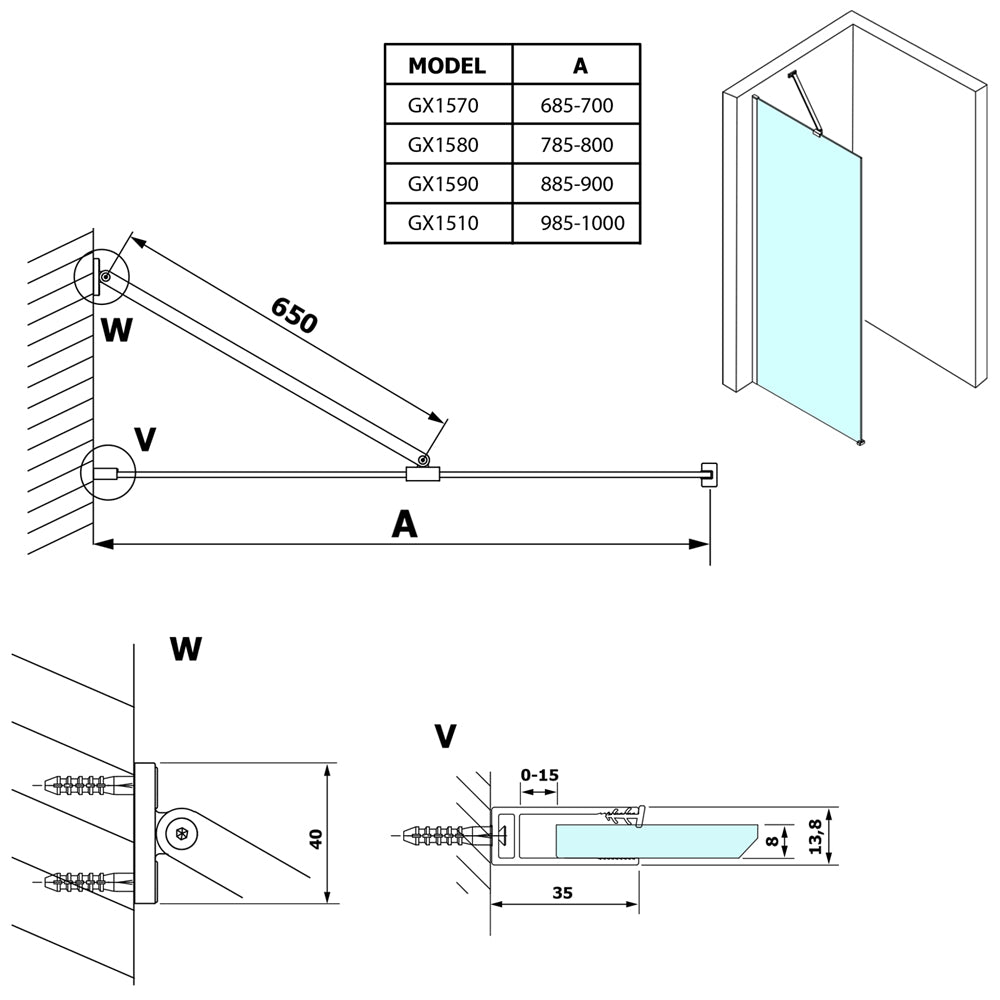 VARIO BLACK Walk-In Duschwand, Nordic Glas, 700 mm
