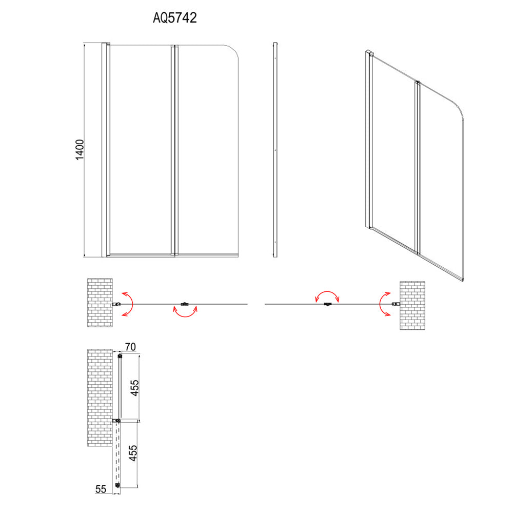 WILA Wannenabtrennung 900x1400mm, Schwarz, Klarglas