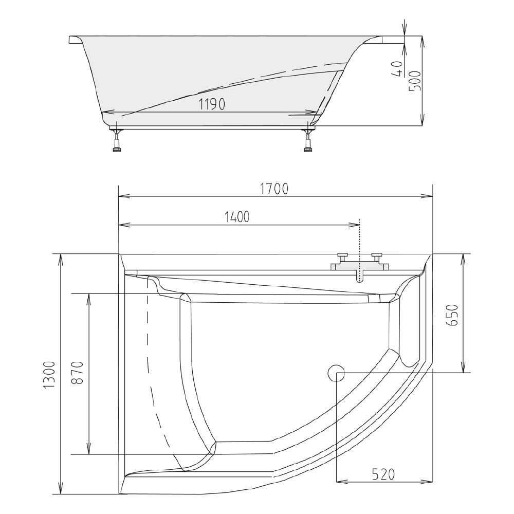 TANDEM asymmetrische Badewanne 170x130x50cm, links, weiß