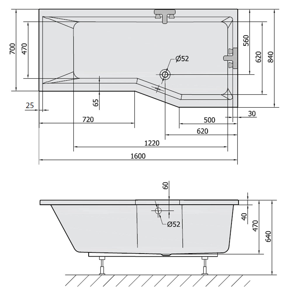 VERSYS R asymmetrische Badewanne 160x84x70cm, rechts, weiß