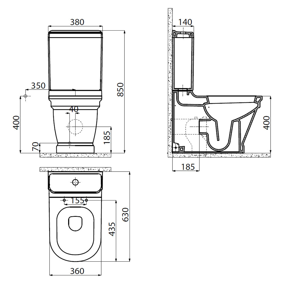 ANTIK Kombi-WC, Abgang waagerecht/senkrecht, 37x63cm, weiss