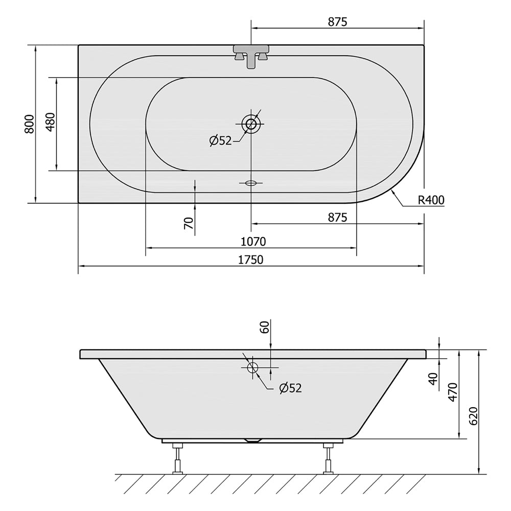 VIVA L asymmetrische Badewanne 175x80x47cm, links, dunkelgrau