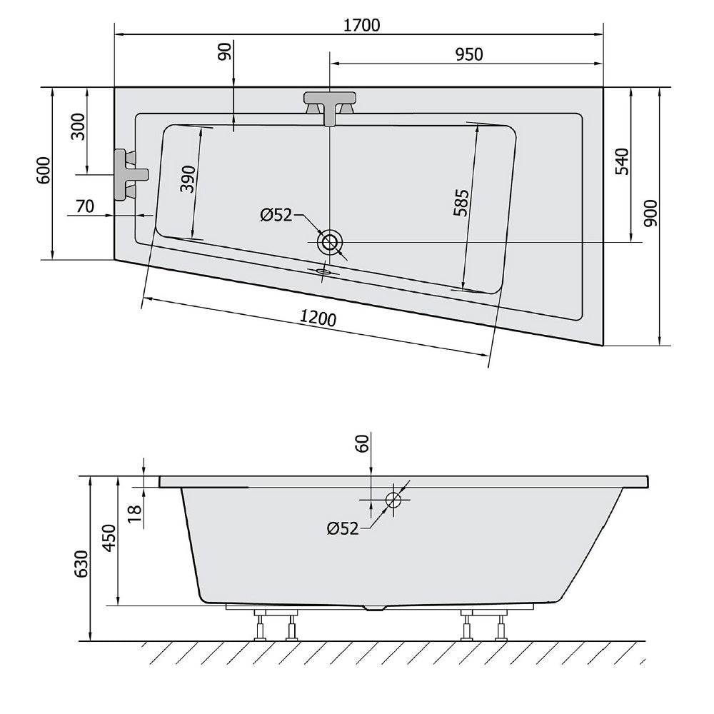 ANDRA R SLIM asymmetrische Badewanne 170x90x45cm, weiss