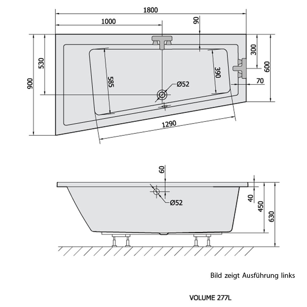 Raumspar Badewanne ANDRA, 180x90x45cm, links, weiß
