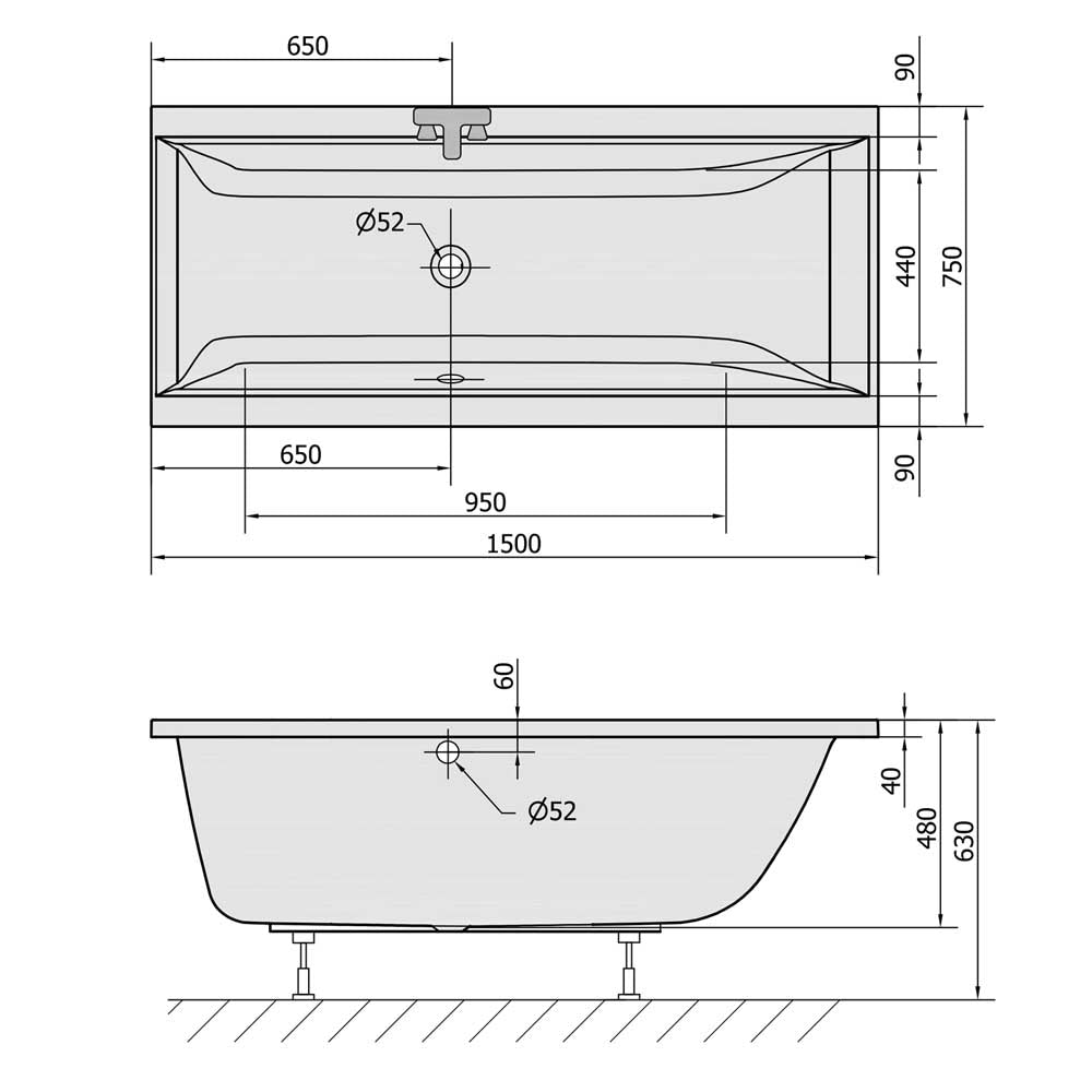 CLEO Rechteckwanne mit Füßen 150x75x48cm, weiß