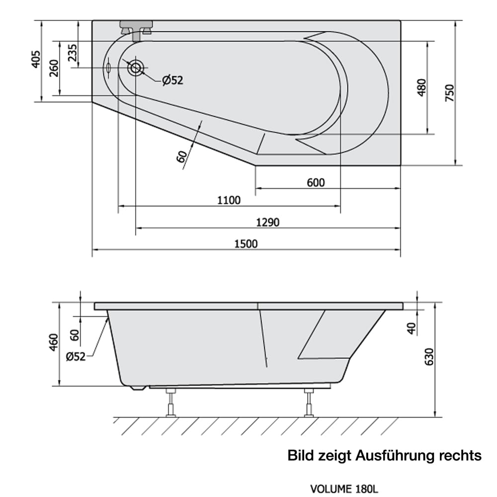 Raumspar Badewanne TIGRA 150x75x46cm, Rechts, weiß