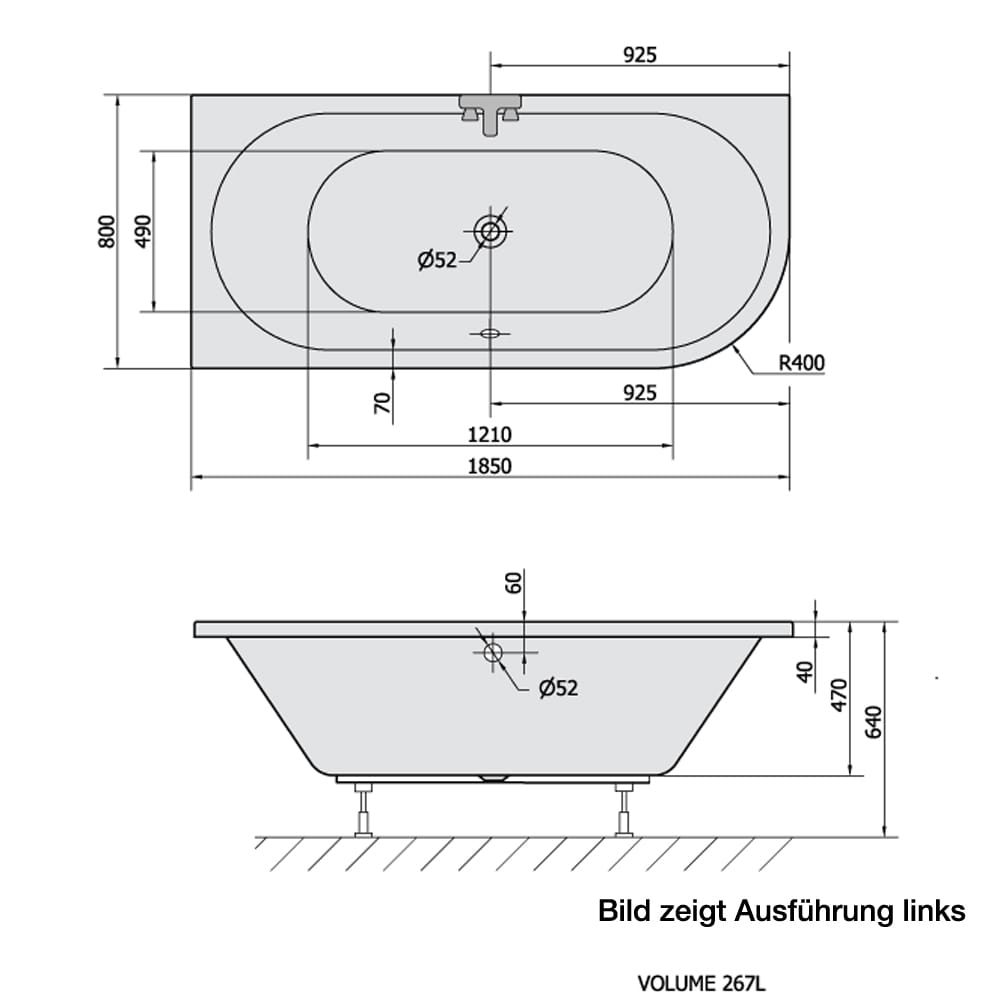 Raumspar Badewanne VIVA 185x80x47cm, links, weiß