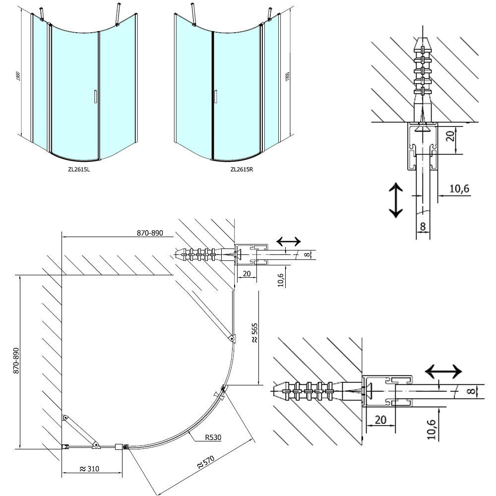 ZOOM LINE Duschabtrennung Viertelkreis 900x900mm, Klarglas, rechts