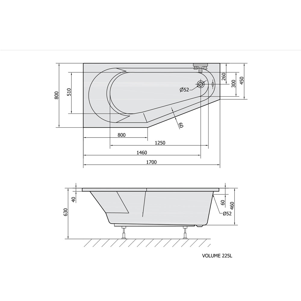TIGRA L Asymmetrische Badewanne 170x80x46cm, links, weiß matt