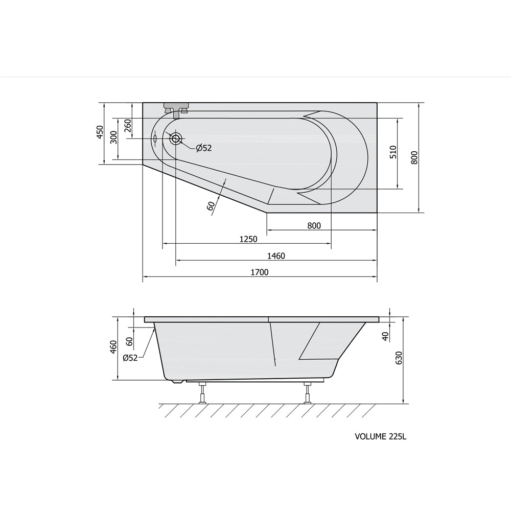 TIGRA R Asymmetrische Badewanne 170x80x46cm, rechts, weiß matt