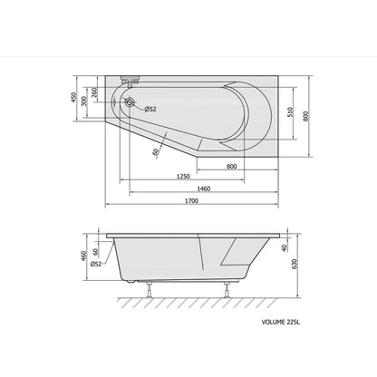 TIGRA R Asymmetrische Badewanne 170x80x46cm, rechts, weiß matt