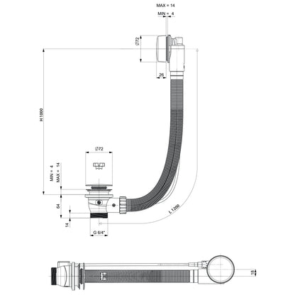 Ablaufgarnitur schwarz matt, 120cm, Stopfen 72mm