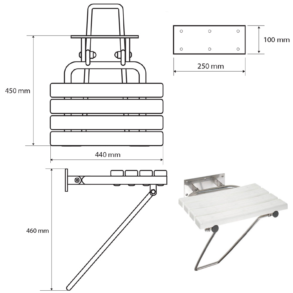 HANDICAP Duschklappsitz mit Stützfuß, 44x45cm, Weiß