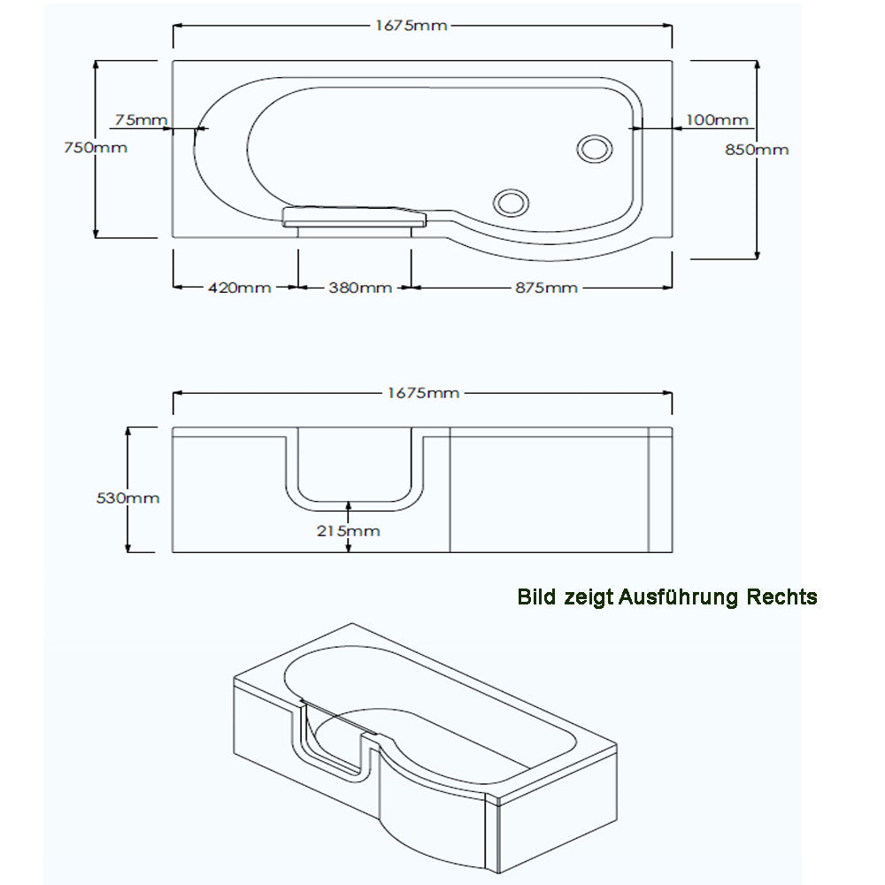 SKALI Badewanne mit Tür/Seniorenbadewanne 167,5x85/75cm, Links,Komplett-Set