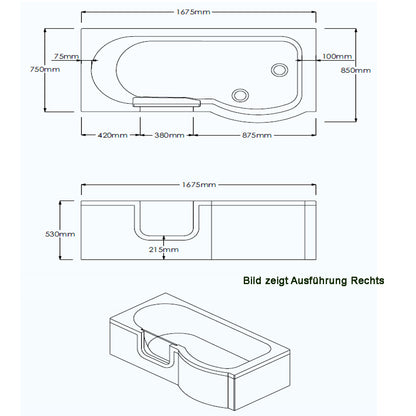 SKALI Badewanne mit Tür/Seniorenbadewanne 167,5x85/75cm, Links,Komplett-Set