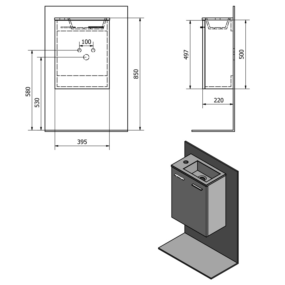 ZOJA Unterschrank mit Keramik Waschtisch 40x22 cm, weiß