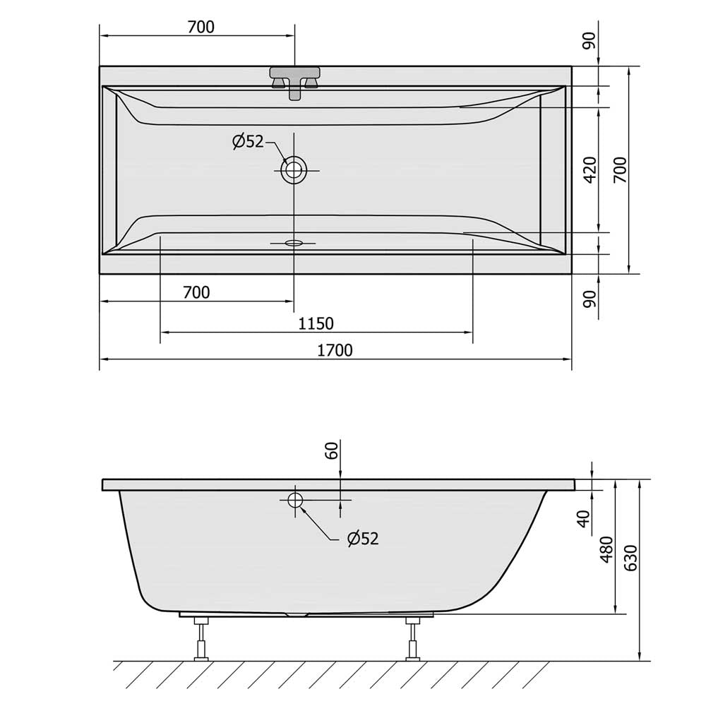 CLEO Rechteckwanne mit Rahmengestell 170x70x48cm, weiß