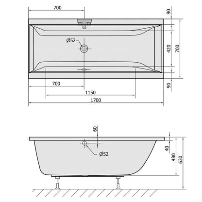 CLEO Rechteckwanne mit Rahmengestell 170x70x48cm, weiß