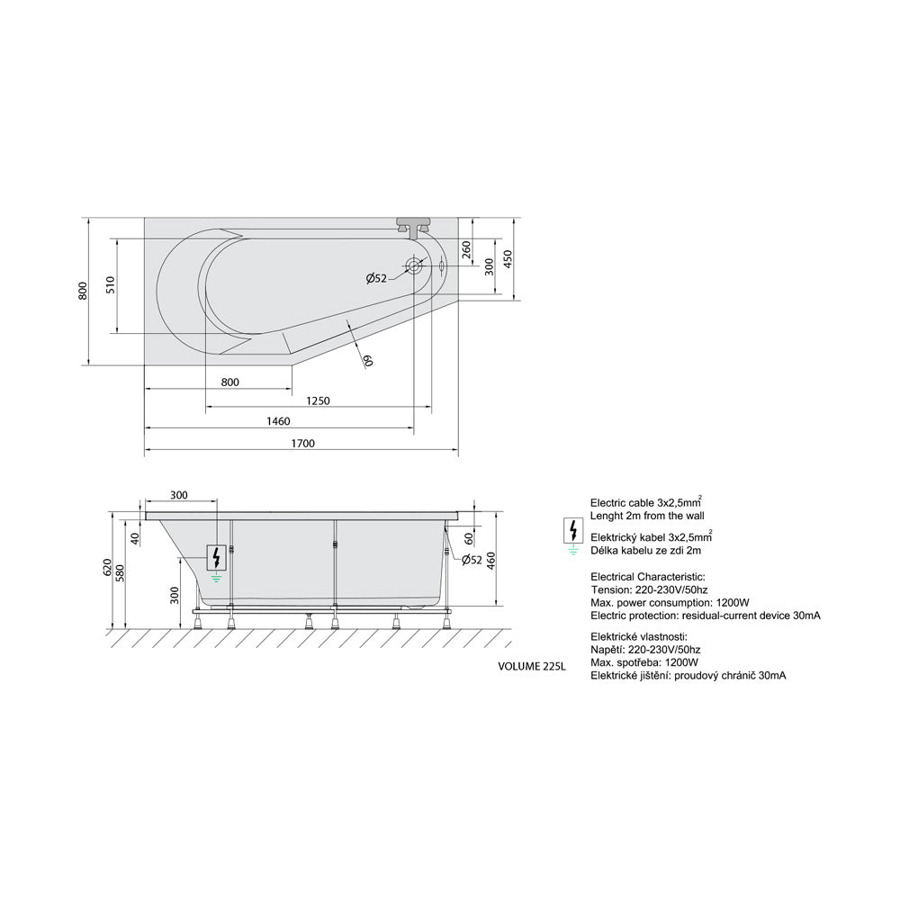 TIGRA L Whirlpool-Badewanne, 170x80x46cm, Highline Hydro-Air, Chrom