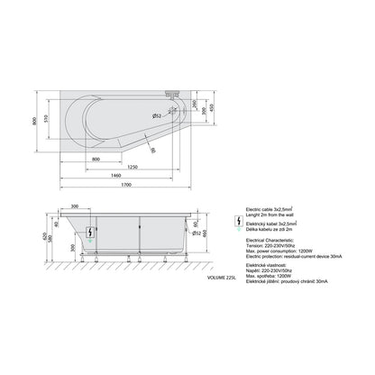 TIGRA L Whirlpool-Badewanne, 170x80x46cm, Highline Hydro-Air, Chrom