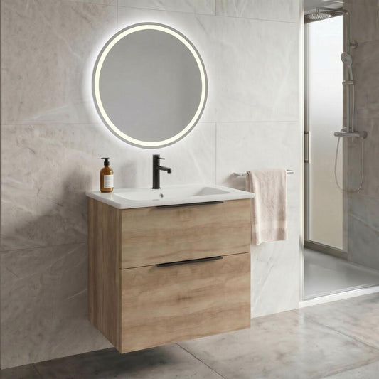 CIRASA Badezimmerschrank 60cm mit Waschbecken und LED Spiegel, Eiche Alabama