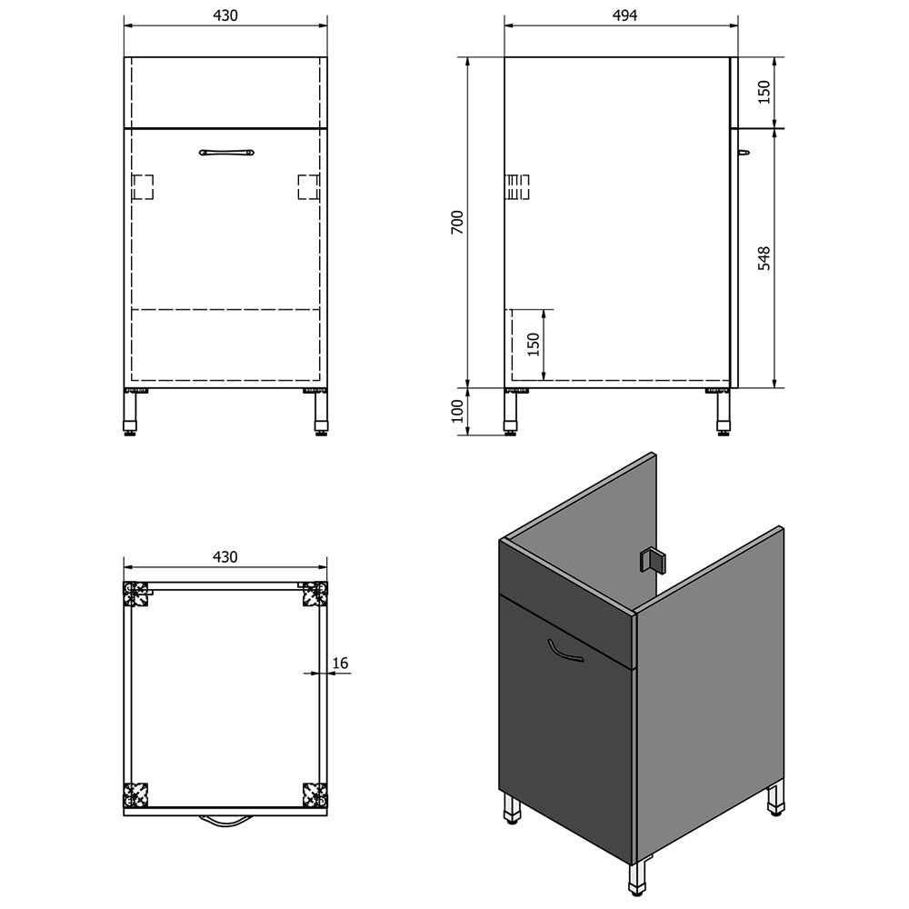 Unterschrank mit Ausgussbecken aus Keramik 45x51cm inklusive Siphon