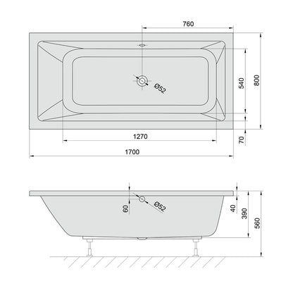 MIMOA Rechteckwanne 170x80x39cm, Schwarz matt
