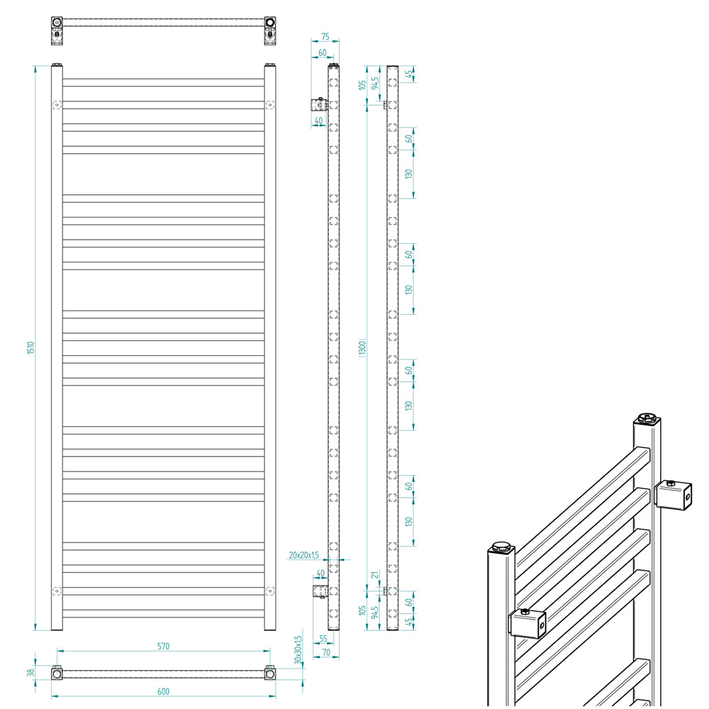 METRO Badheizkörper 600x1510 mm, 500W,Weiß