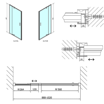 EASY LINE Nischentür(Drehduschtür) 880-1020mm,Klarglass