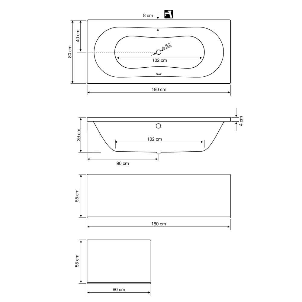 JIZERA Badewanne 180x80x39cm ohne Füße, weiß