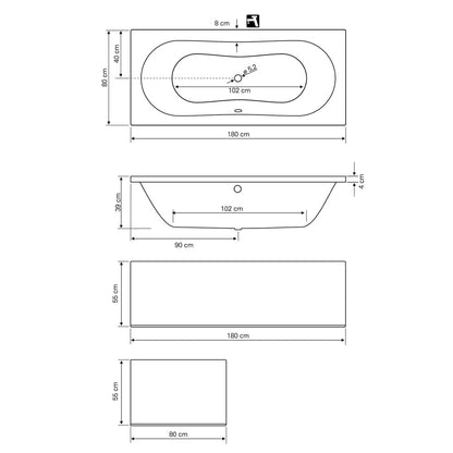 JIZERA Badewanne 180x80x39cm ohne Füße, weiß