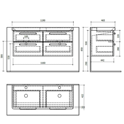 THEIA Doppelunterschrank 116x50x44,2cm, 4xSchublade, Silbereiche