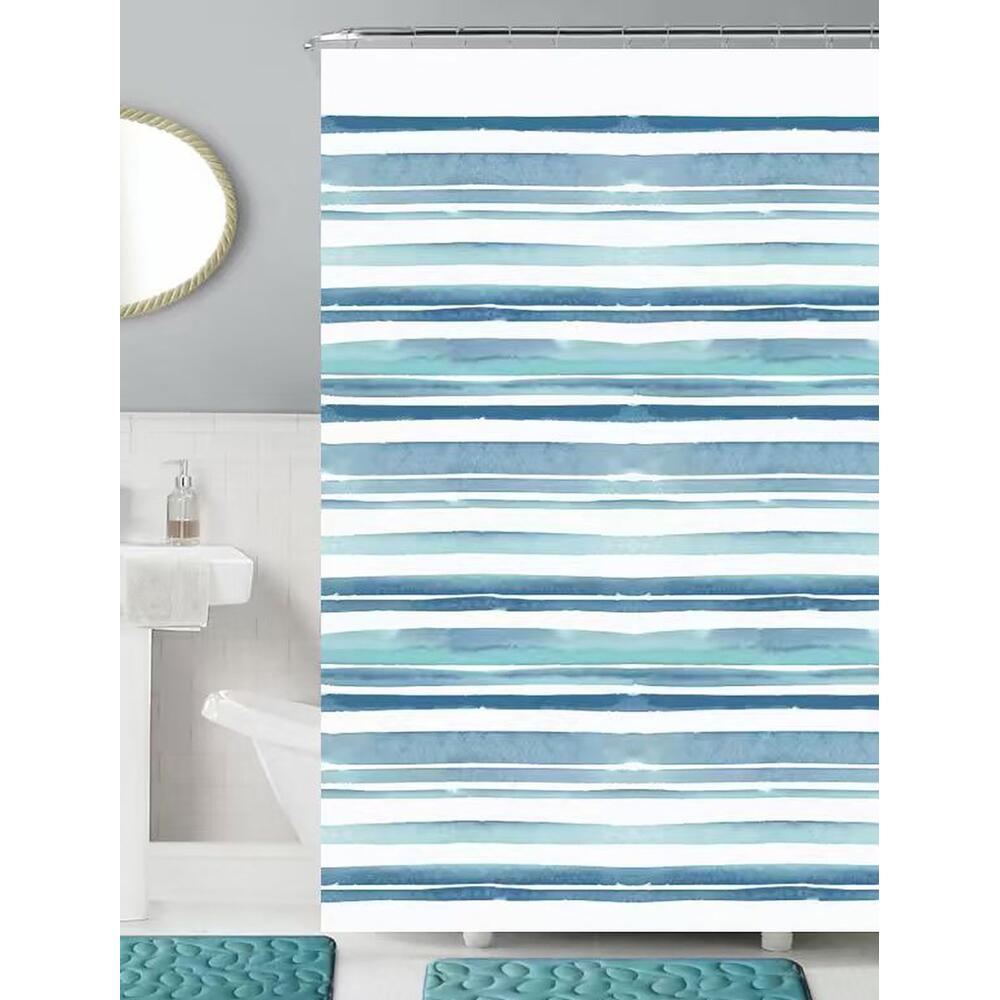 Duschvorhang 180x180cm, Polyester, Weiß/Blau, Streifen