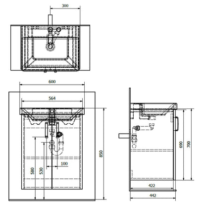 THEIA Unterschrank 56,4x70x44,2cm, 2x Tür, weiß