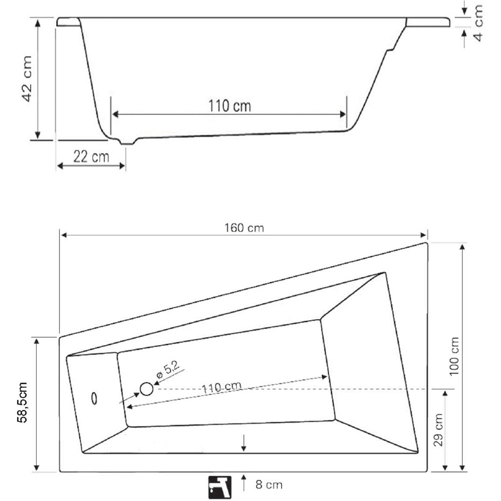 Raumspar Badewanne 160x100x42cm, ohne Füße, rechts, weiß