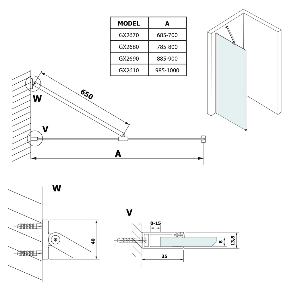 VARIO BLACK Duschwand, Wandmontage, Platte HPL Kara, 900 mm, schwarz matt