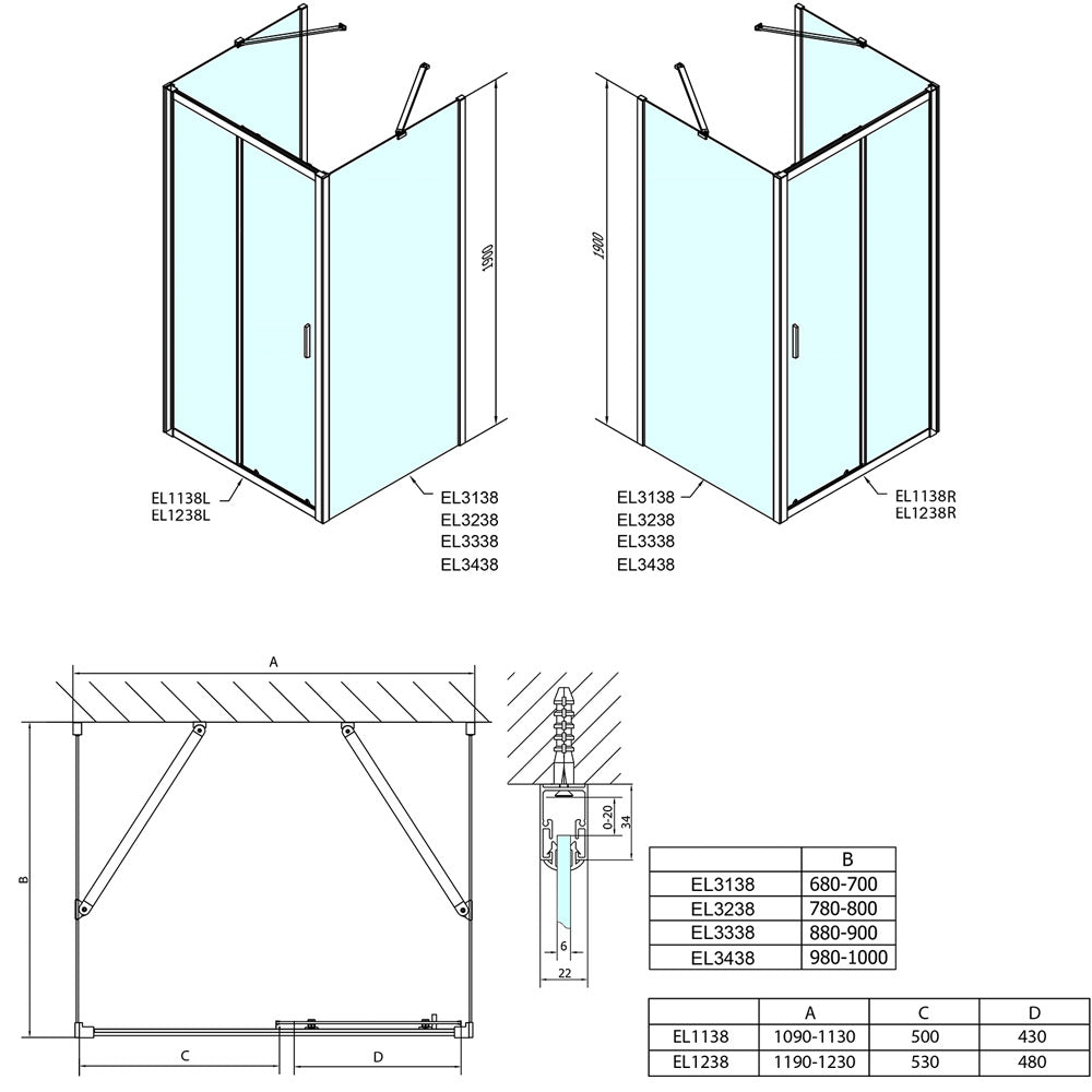EASY LINE Duschkabine drei Wände 1200x1000mm, L/R Variante, glas Brick