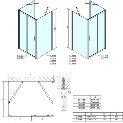 EASY LINE Duschkabine drei Wände 1200x1000mm, L/R Variante, glas Brick