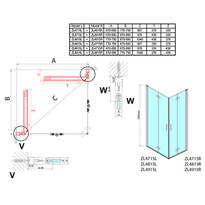 ZOOM Rechteckige Duschkabine 700x900mm, Eckeinstieg
