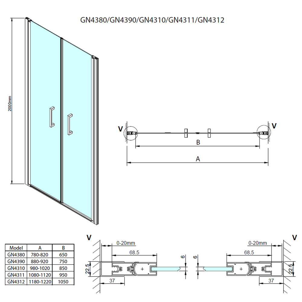 LORO Doppelduschtür 1100mm, Klarglas