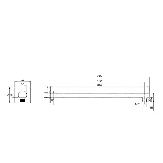 Duscharm quadratisch niedrig, 400mm, Schwarz matt