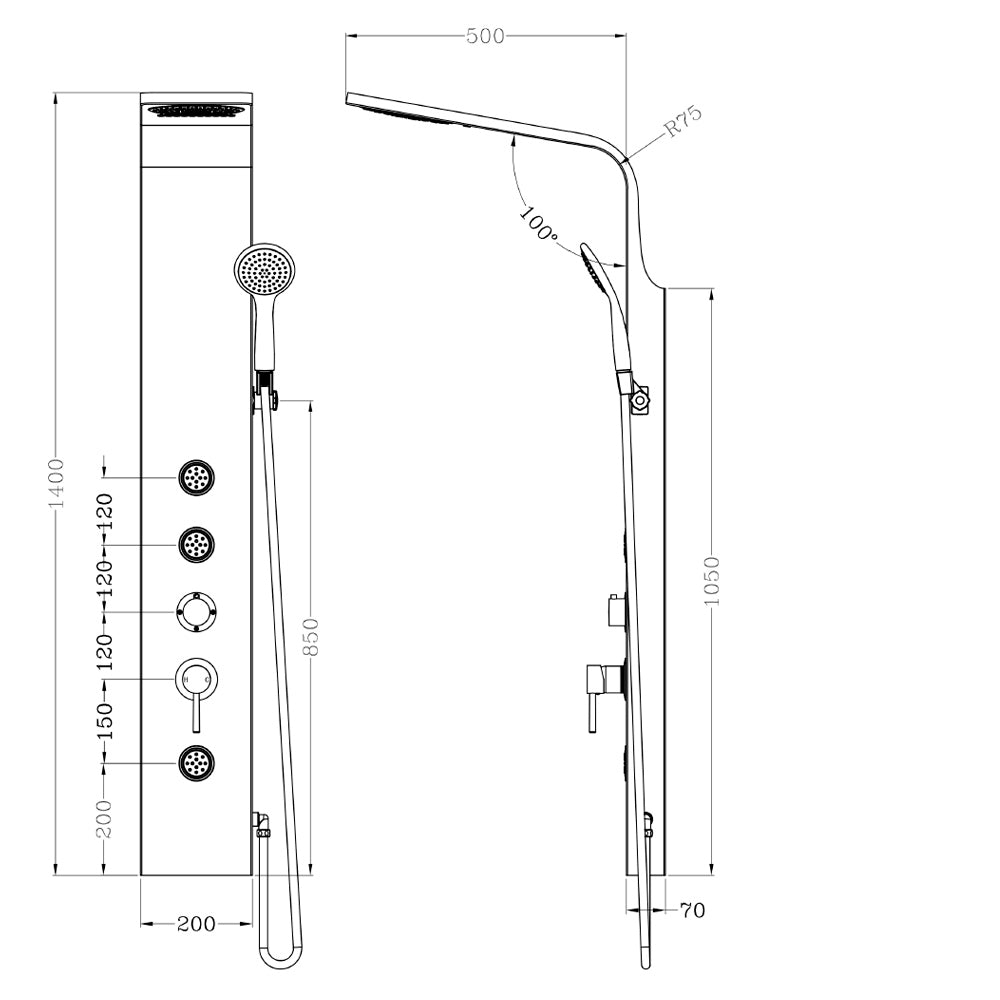 TUSA Duschsäule mit Armatur, 1400 mm, alu