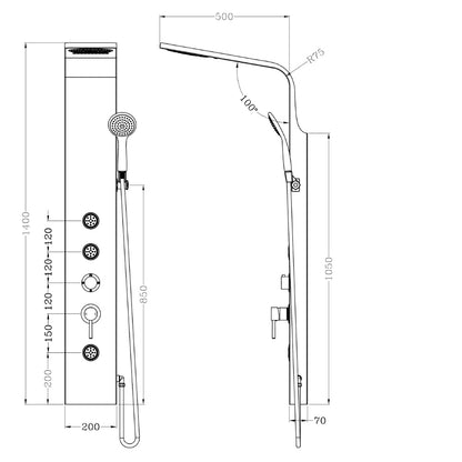 TUSA Duschsäule mit Armatur, 1400 mm, alu