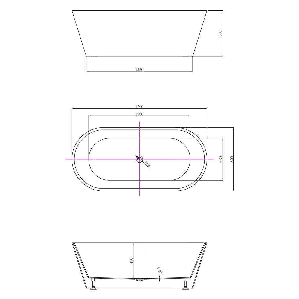 AZRA freistehende Badewanne 170x80x58cm, Weiß