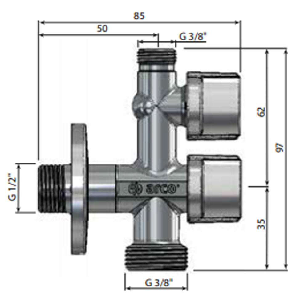 Waschmaschinenventil1/2"x3/4"x3/8", anticalc, chrom