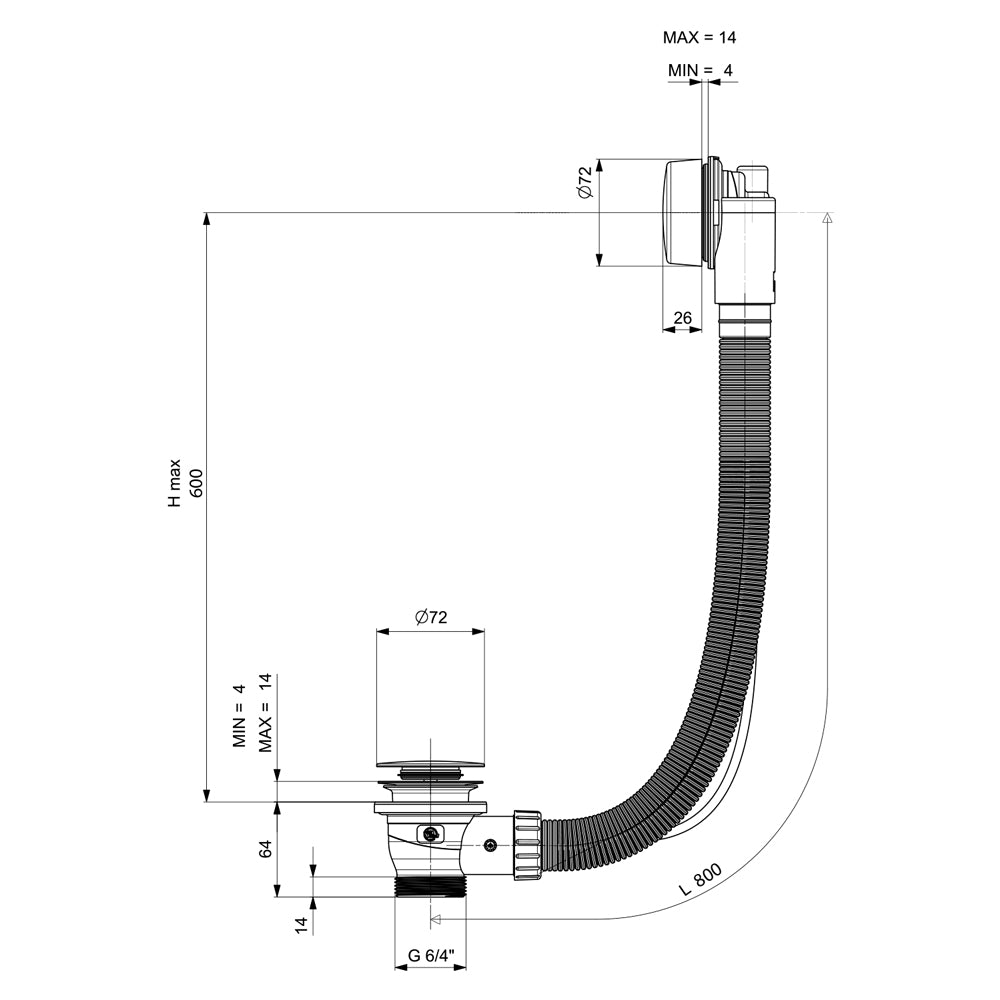 Ablaufgarnitur schwarz matt, 60cm, Stopfen 72mm